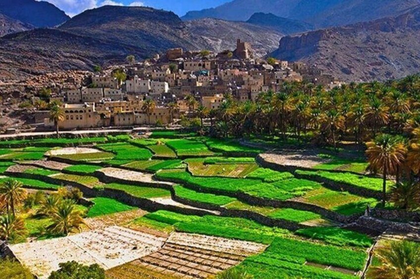 Terraced fields, a village, and mountains. 2