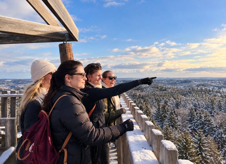A group of people standing on a wooden observation deck overlooking a snowy landscape. 1