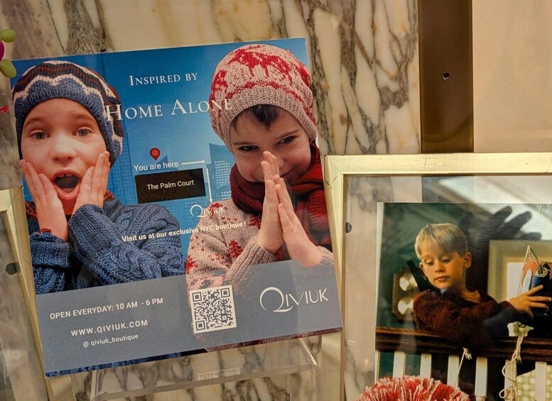 A promotional display for Qiviuk, featuring a winter-themed advertisement with a location marker, a QR code, and store hours. 4
