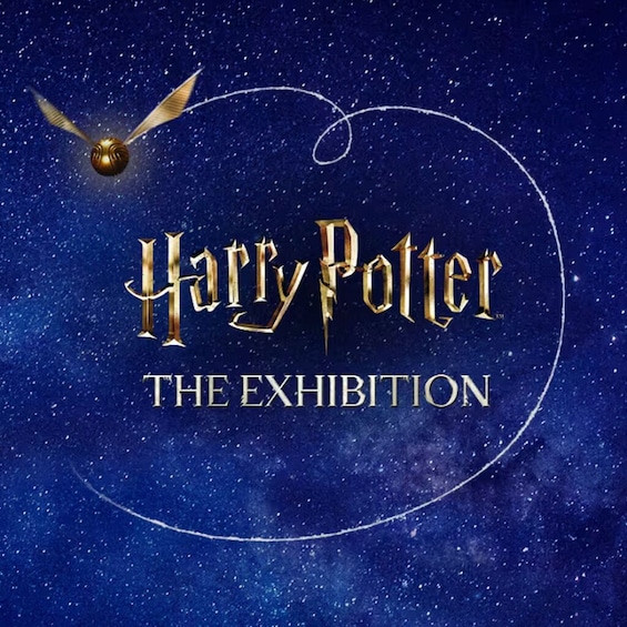 ”Harry Potter -näyttely”, jonka taustalla on tähtitaivas ja jossa näkyy lentävä pöllö. 1