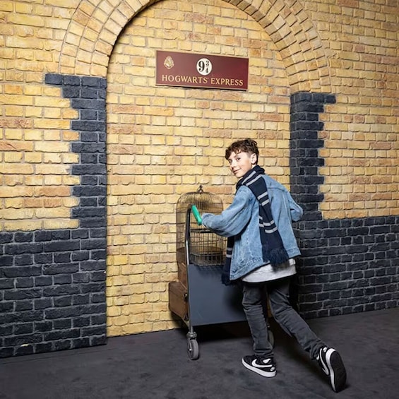 Henkilö, jolla on yllään farkkutakki ja -housut, seisoo kärryn vieressä. Kärryssä on lintuhäkki, ja he seisovat tiiliseinän edessä, jossa on kyltti, jossa lukee: ”Hogwarts Express”. 2