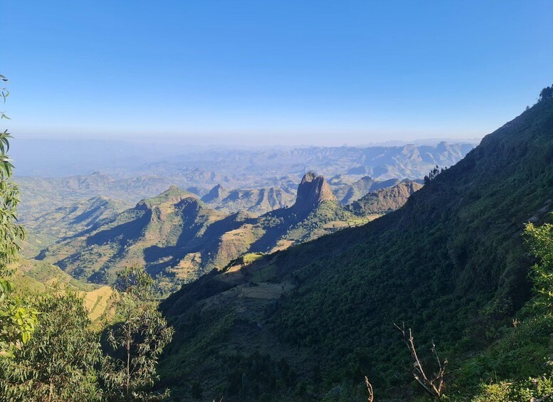 A mountainous landscape with dense vegetation and a clear sky. 5