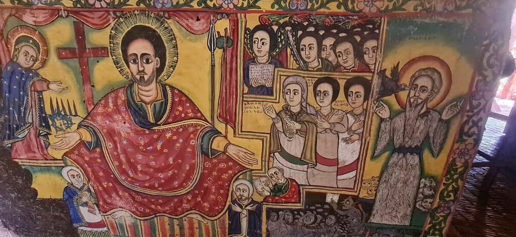A religious icon with saints and a cross. 4