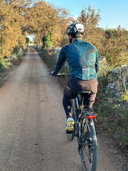 A cyclist riding a bicycle on a rural road. 1