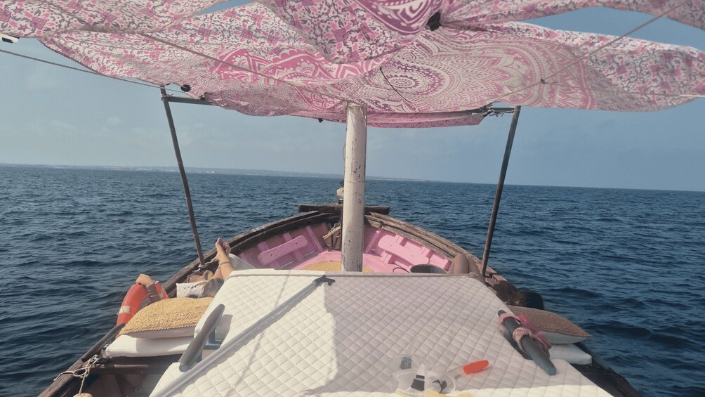 A boat with a patterned canopy, a cushion, and a life buoy. 2