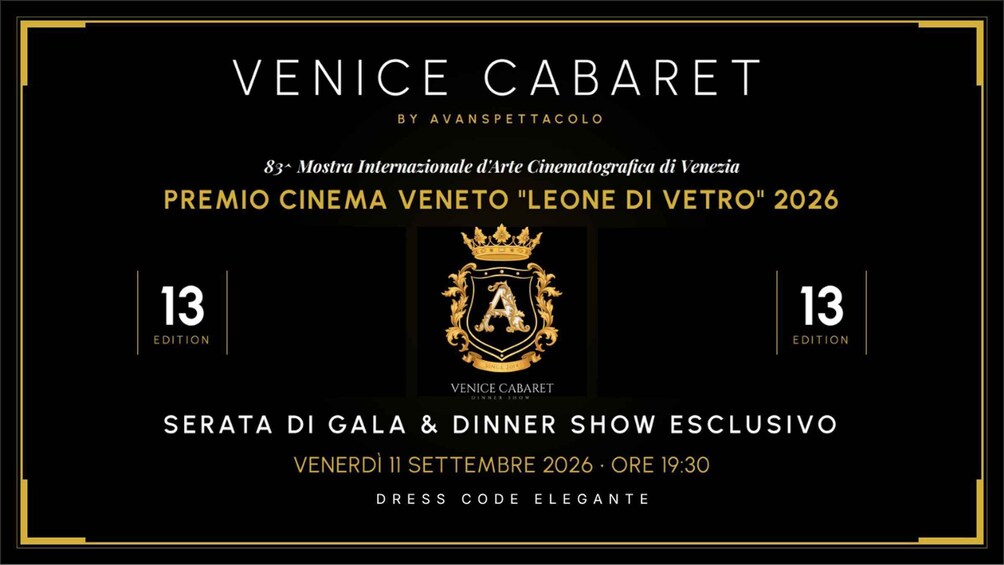 A black and gold event poster for Venice Cabaret, an international art cinema festival, with a 2026 edition number and an exclusive gala and dinner show. 1