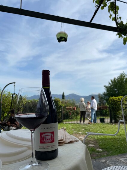 A bottle of wine and a glass on a table with a view of a garden and mountains in the background. 4