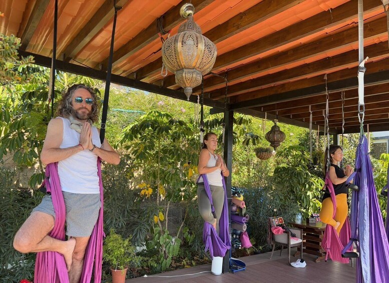 People practicing aerial yoga under a wooden roof with hanging plants and a decorative lantern. 4