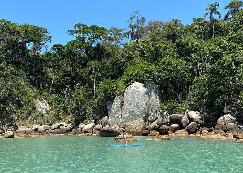 A person paddleboarding near a rocky shoreline with dense tropical foliage in the background. 5