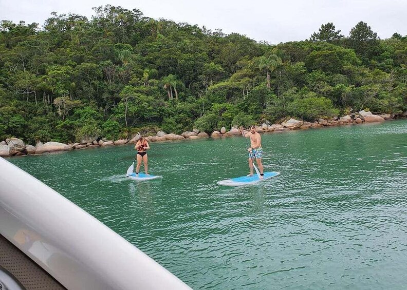 Two people stand-up paddleboarding on a calm body of water surrounded by lush greenery. 1