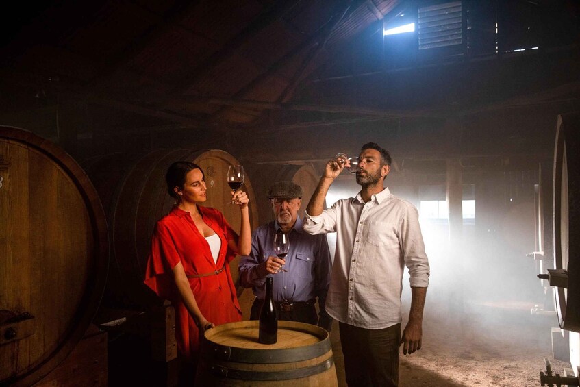 A group of people in a dimly lit cellar with wooden barrels and a misty atmosphere. 4
