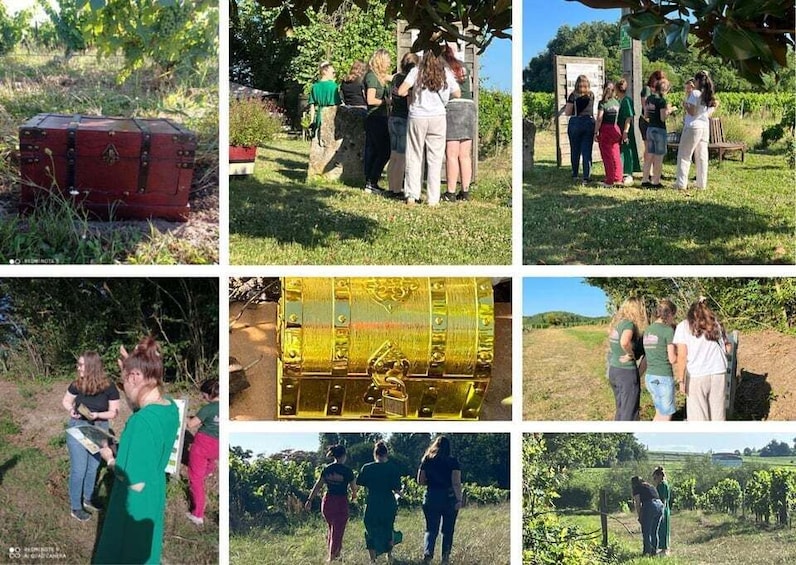 A red vintage suitcase, a group of people standing by a stone wall, a golden lock, and a vineyard landscape. 1