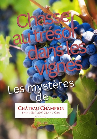 A cluster of grapes on a vine with text overlay. 3