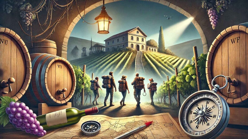 A vineyard with barrels, a bottle of wine, a compass, and a map. 4