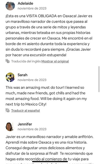 A social media post with comments from Adelaide, Sarah, and Jennifer, praising a tour guide named Javier for his storytelling and knowledge about Oaxaca. 3