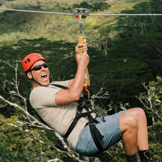 A person zip-lining with a harness and helmet, holding a carabiner, amidst a forested landscape. 1