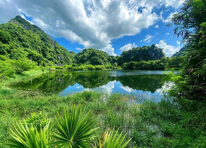 Un lago tranquilo rodeado de abundante vegetación y montañas bajo un cielo parcialmente nublado. 4