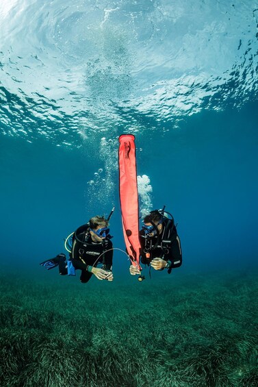 Two scuba divers underwater with a red object between them. 1