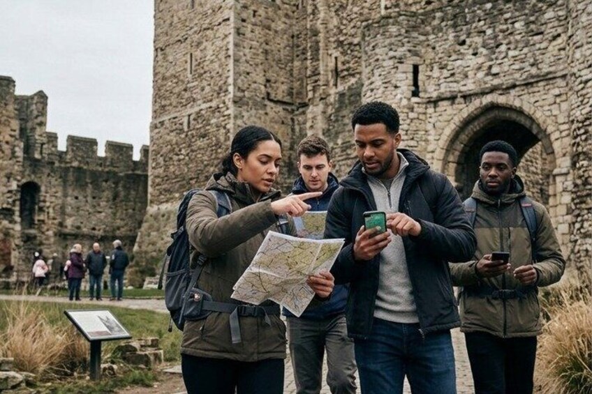 A group of people examining a map and a smartphone in front of a historic stone building. 2