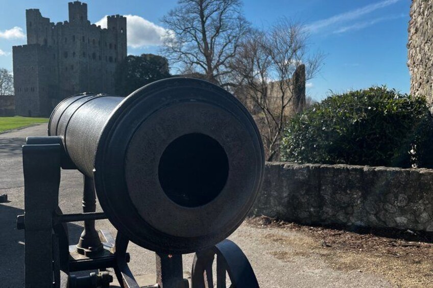 A cannon in a park with a castle in the background. 3