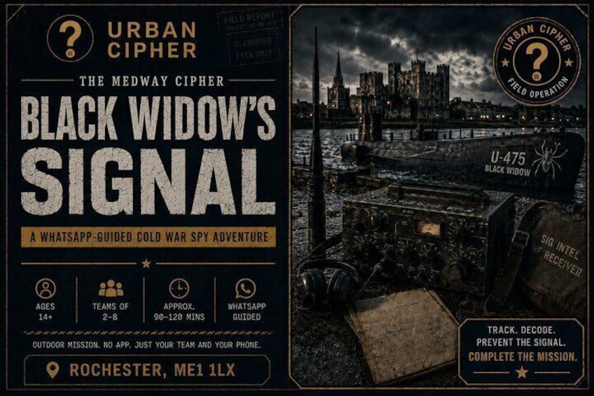 A game box for 'Black Widow's Signal' with a cityscape and a U-475 submarine. 1