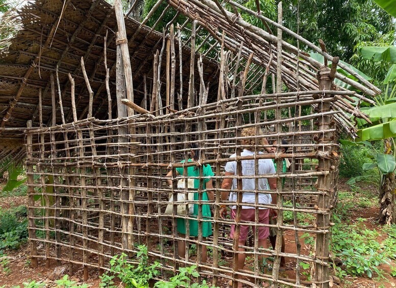 A bamboo structure with a thatched roof, surrounded by greenery. 4