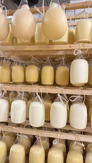 Various cheeses displayed on wooden shelves, some in mesh bags. 3