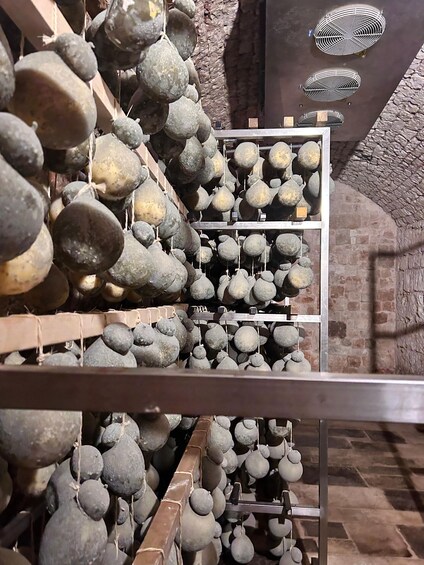 A storage rack with numerous spherical objects, possibly fruits or vegetables, hanging in an industrial setting with brick walls and metal fans in the background. 5