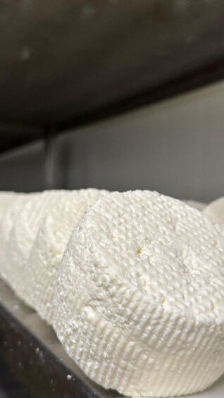 A close-up of a white, textured object, possibly a food item, in a metallic container. 4