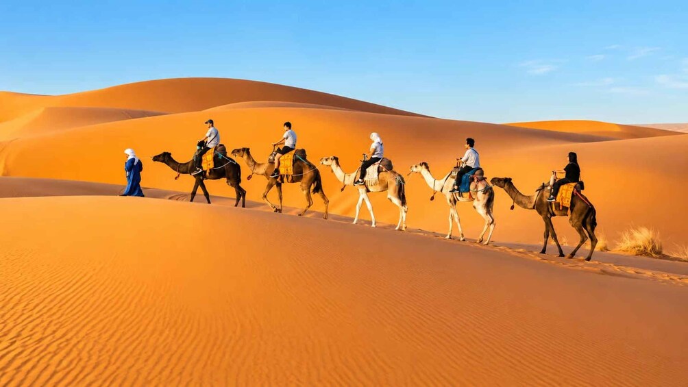 A group of people riding camels across a desert landscape with sand dunes. 2