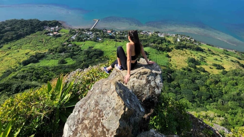 A person sitting on a rock overlooking a coastal landscape with lush greenery and a village in the distance. 4