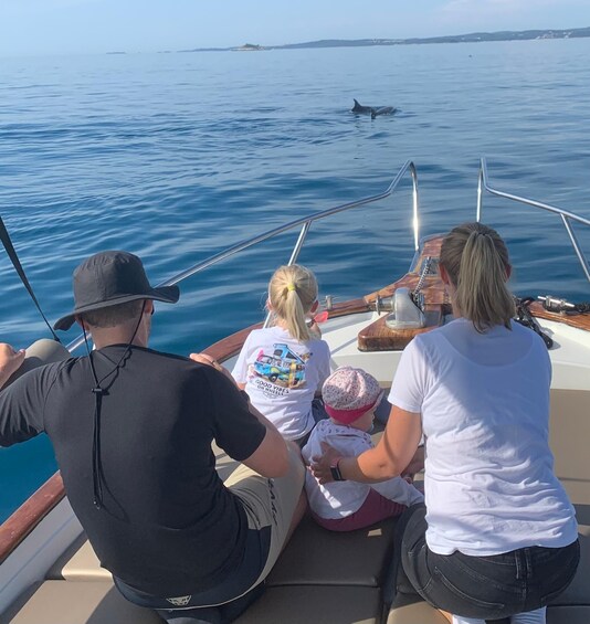A family on a boat with a whale in the distance. 1