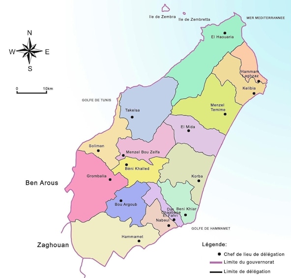 A map of Tunisia with various regions and their capitals marked. 3