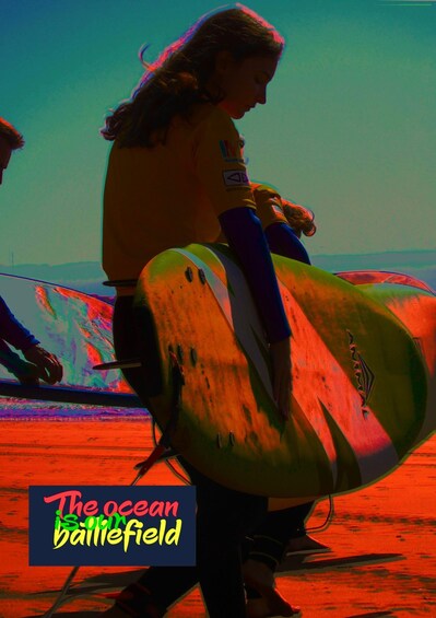 A person carrying a large, colorful surfboard. 1