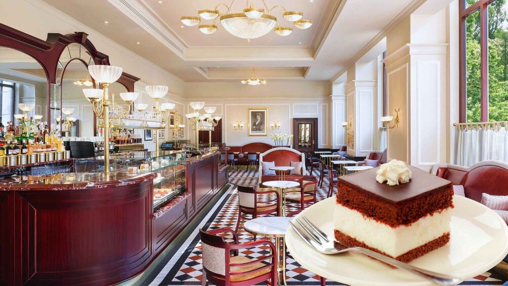 A bar area with a dessert on a plate. 1