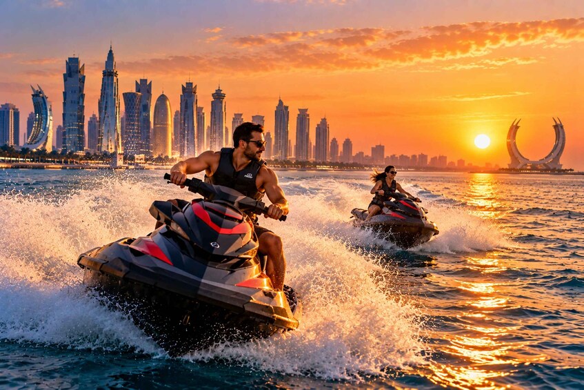 Two jet skis on water with a city skyline in the background during sunset. 2