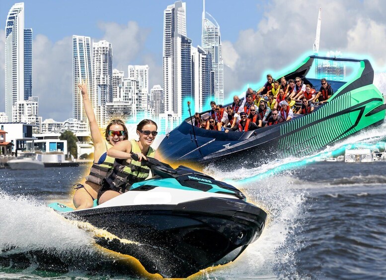 A jet ski with passengers, a city skyline in the background, and a water body. 1