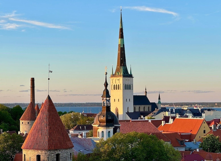 A historic town with a prominent church tower, red-roofed buildings, and a body of water in the background. 1