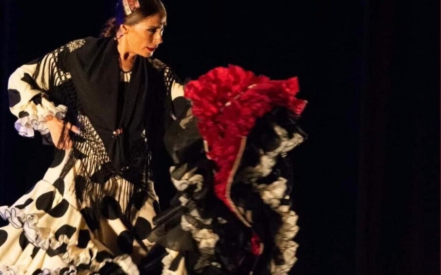 A person in a black and white patterned dress with a red headpiece. 4