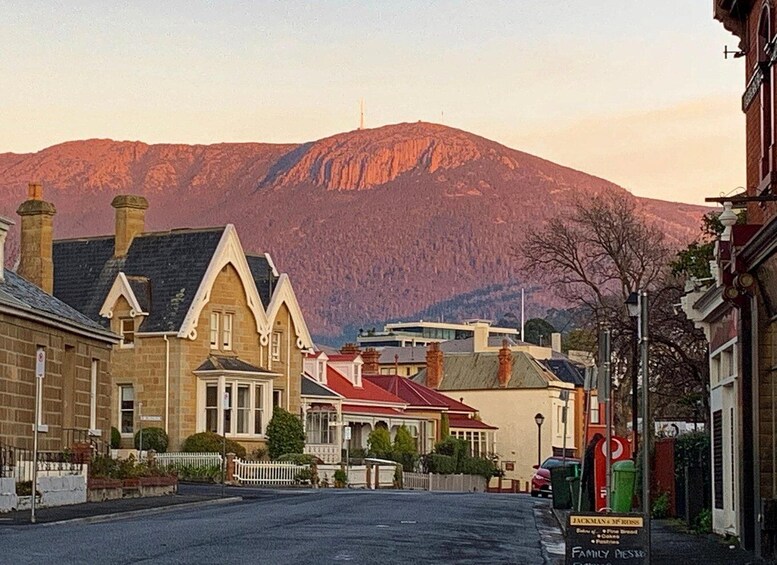 A street with Victorian-style buildings, a mountain in the background, and a sign for 'JACKMAN'S PIZZA'. 1