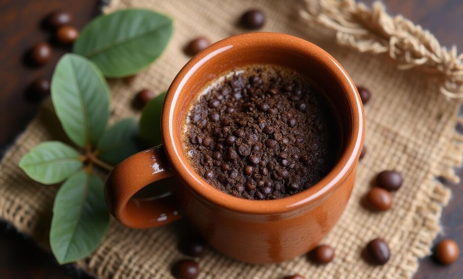 A brown ceramic mug filled with ground coffee beans, surrounded by coffee cherries and green leaves on a burlap surface. 5