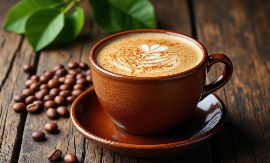 A cup of coffee with latte art on a wooden table. 3
