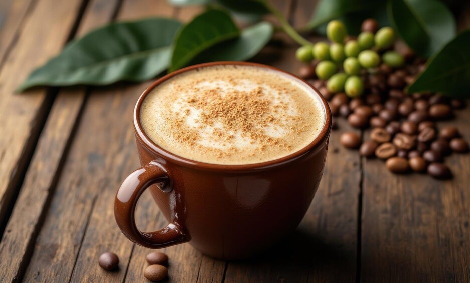 A brown mug with a frothy coffee drink, coffee beans, and green coffee cherries on a wooden surface. 2