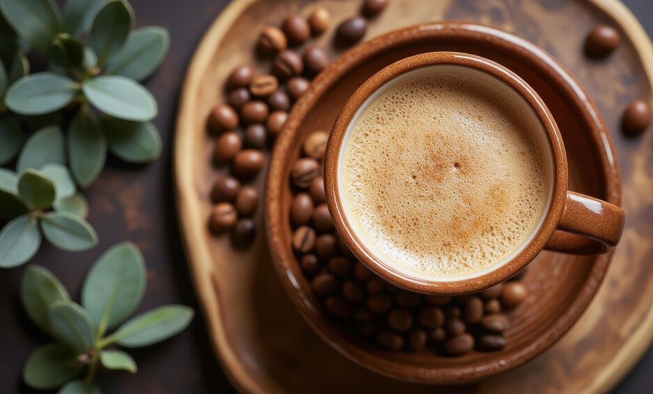 A cup of coffee with a frothy top, surrounded by coffee beans and green leaves on a wooden tray. 4