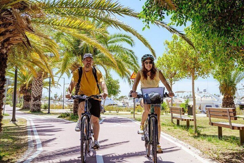 Two people riding bicycles on a paved path surrounded by palm trees and benches. 1