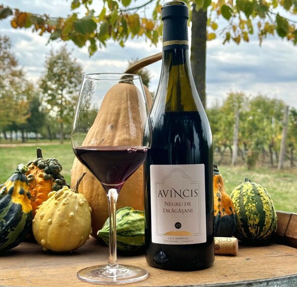 A bottle of Avincis wine, a glass of red wine, and various gourds on a wooden surface. 4