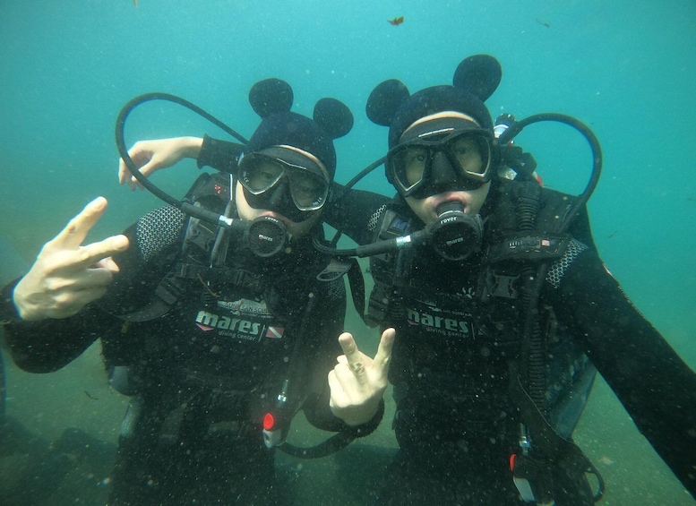 Two divers in a blue underwater environment, wearing scuba gear and making hand gestures. 2