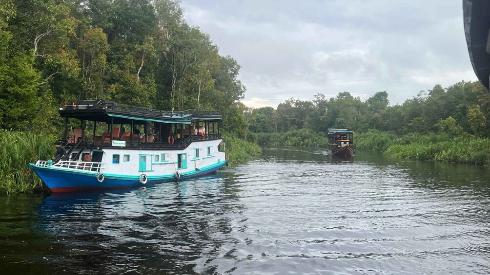 A river with two boats, one larger and one smaller, surrounded by dense greenery. 3
