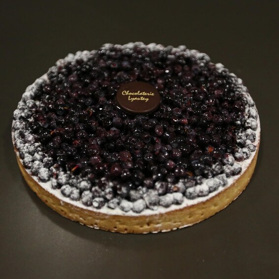 A dessert with a chocolate center, surrounded by blueberries and powdered sugar. 5
