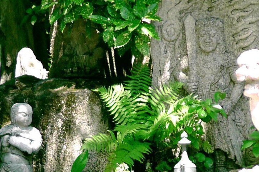 A stone Buddha statue, a tree trunk with carvings, and a fern. 3